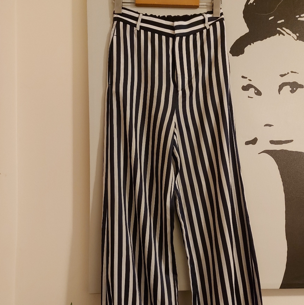 ZARA navy/white striped palazzo pants